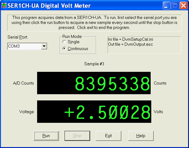 SER1CH-UA Digital Volt Meter (DVM) GUI software screen